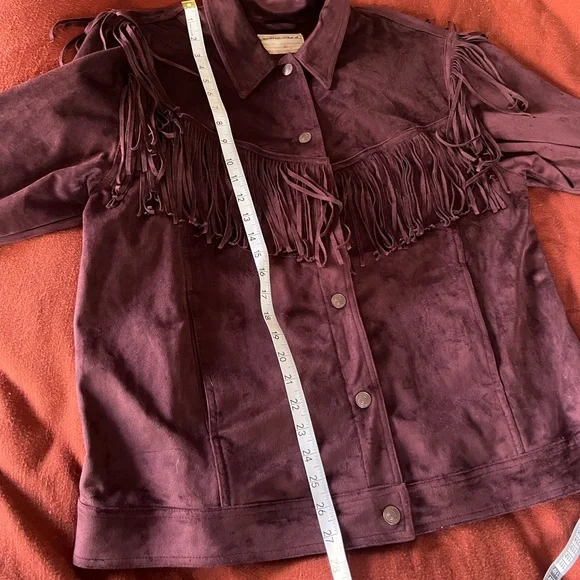 Free People Cosmic Karma Jacket Vegan Suede Fringed Button Coat Wine Plum XL - Picture 7 of 11